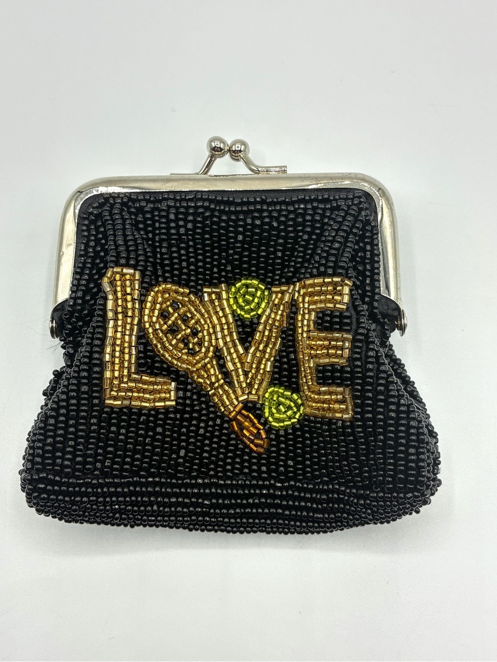LOVE Tennis Beaded Coin Purse Kiss Lock Wallet Black Gold Tennis Racket